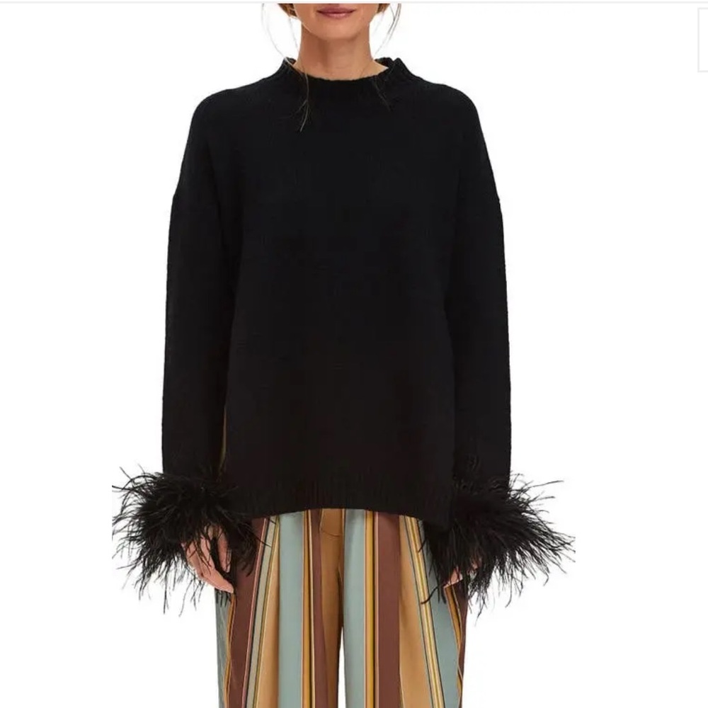 Sleeper Black Wool Sweater with Feather Trim